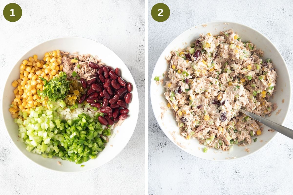 collage of two pictures of mixing the ingredients for tuna salad in a bowl.