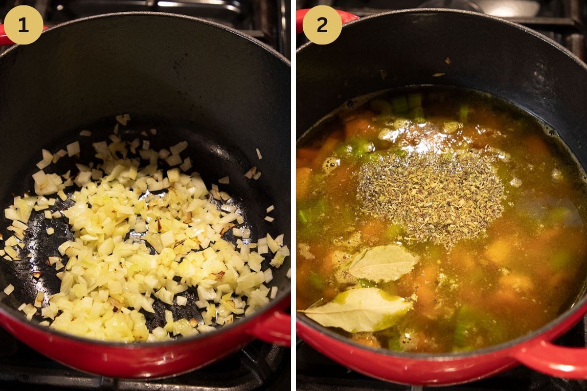 collage of two pictures of sauteing onions in a pot and adding vegetables and stock.