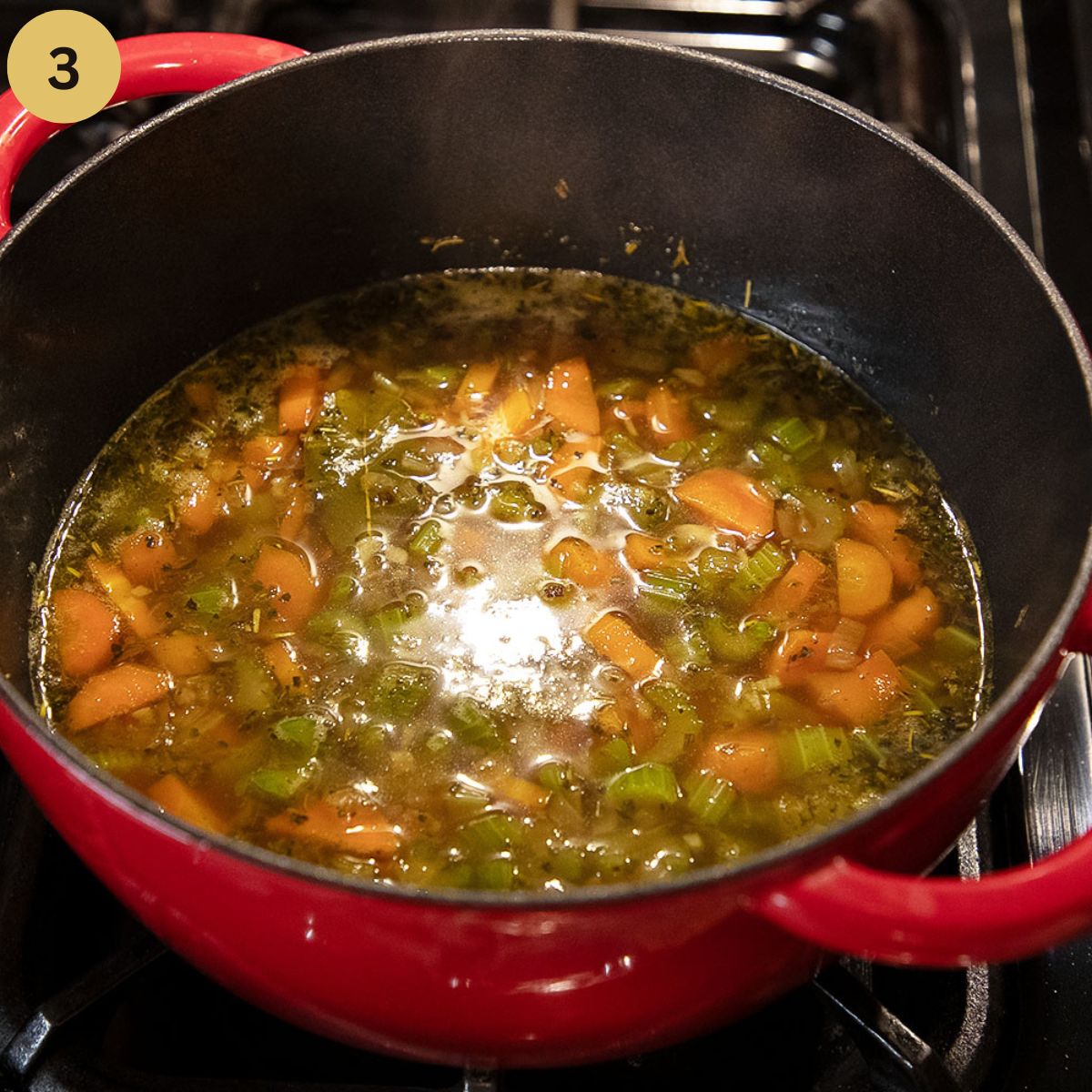 soup with carrot and celery cooking in a red pot.