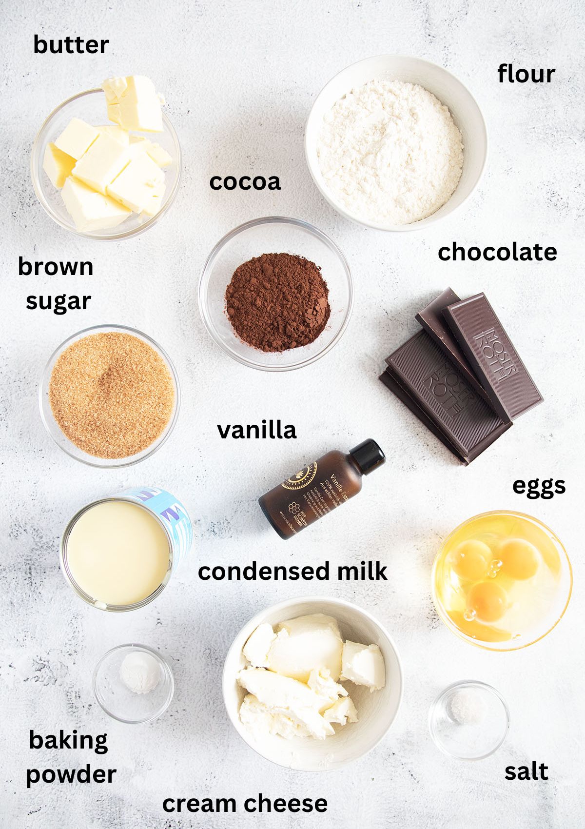 listed ingredients for making brownies with condensed milk, cream cheese, and chocolate.