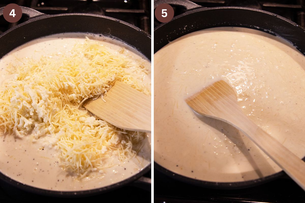 collage of two pictures of melting cheese in a cream sauce for making mac and cheese.