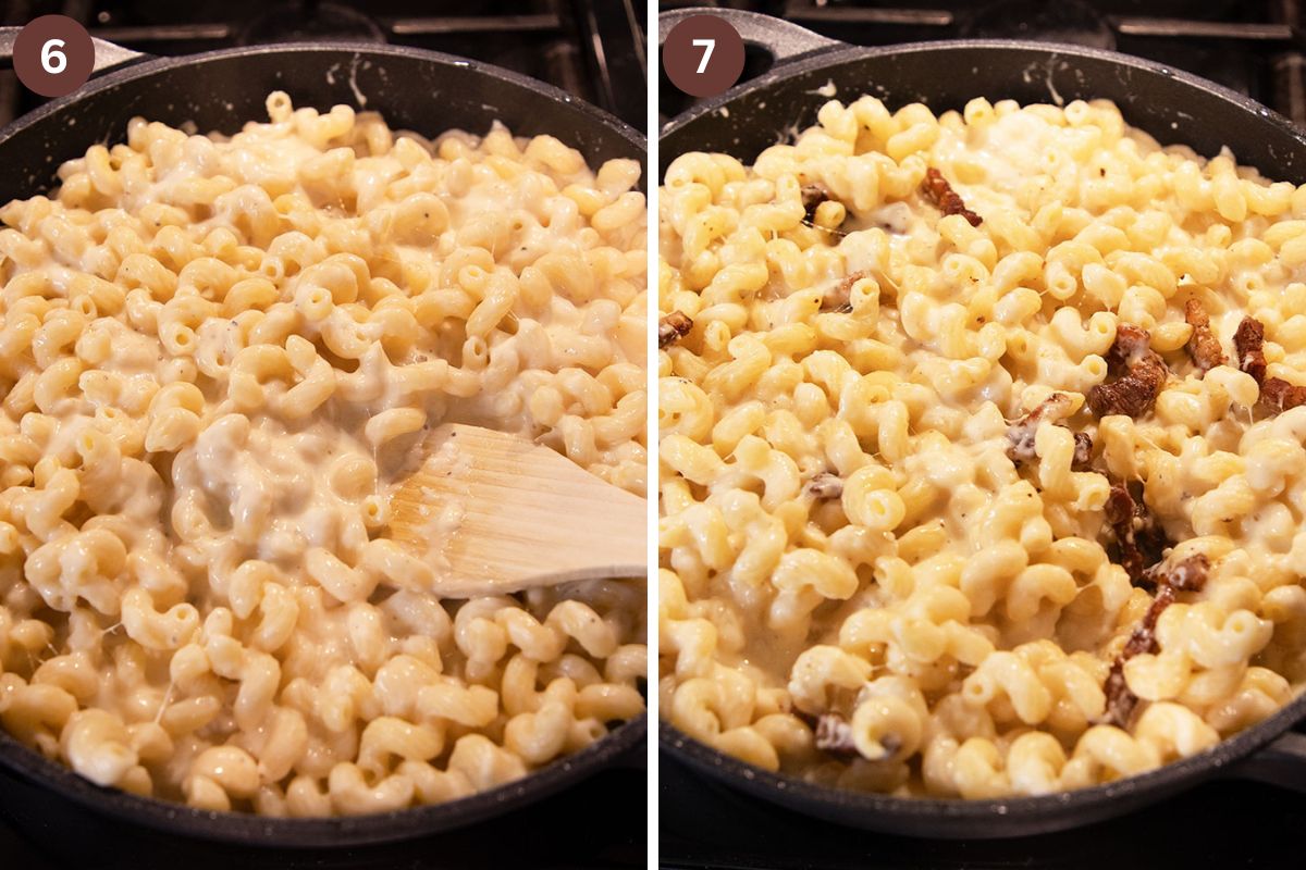 collage of two pictures of of stirring macaroni into cheese sauce and adding cripsy pork belly pieces.