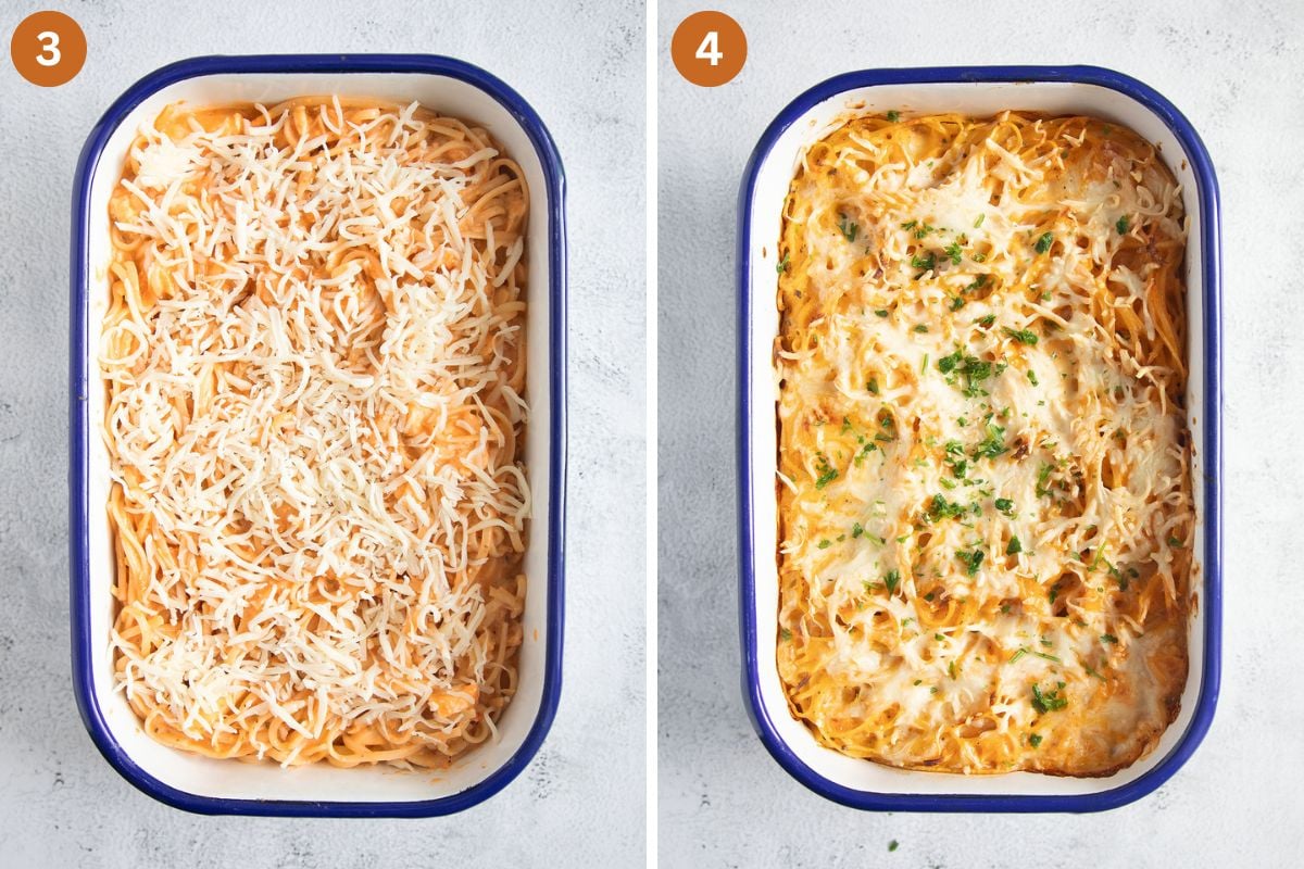 collage of two pictures of spaghetti bake before and after cooking.