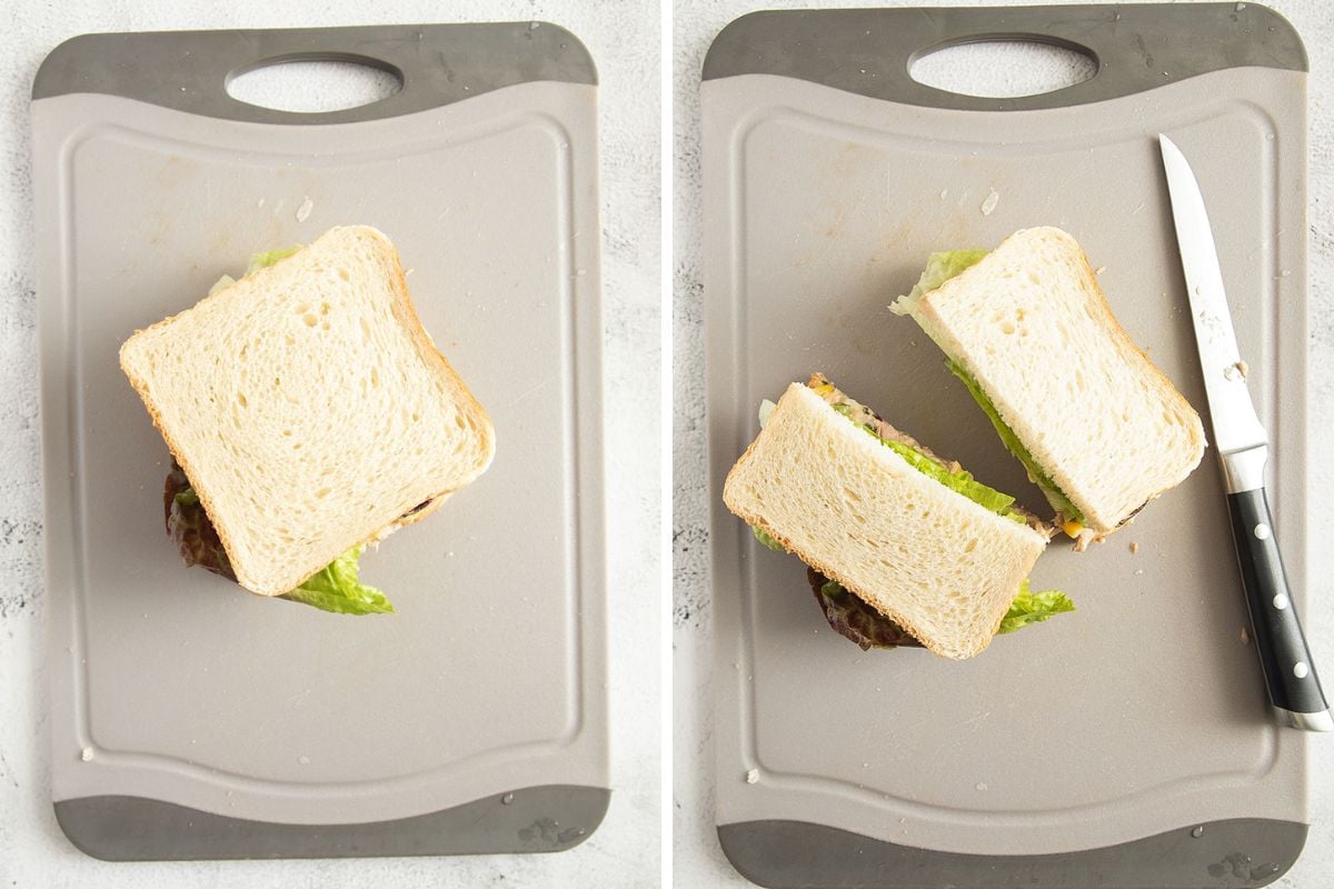 collage of two pictures of a whole sandwich and then cutting in in half on a board.