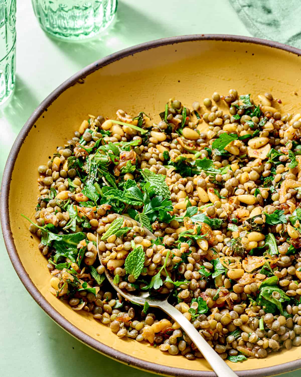 lentil salad with fresh herbs to complement a delicious mac and cheese.