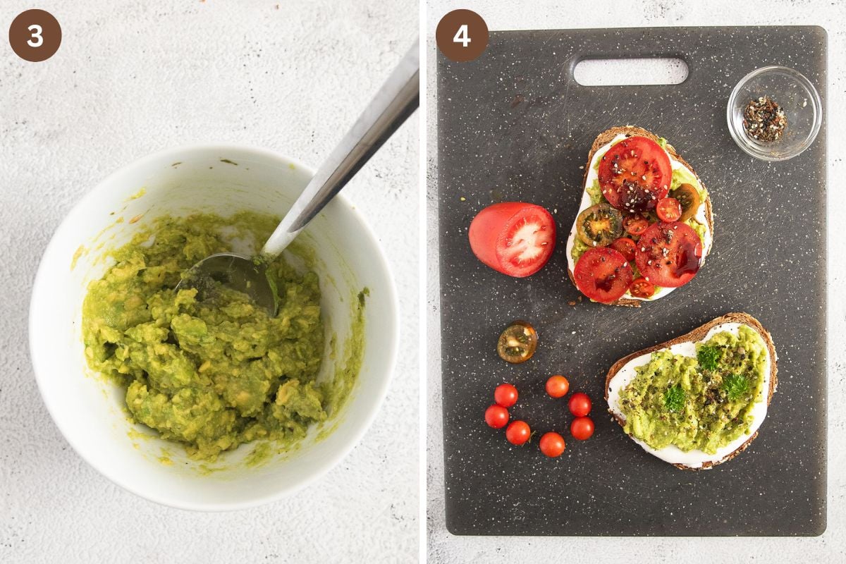 collage of two pictures of mashed avocado in a bowl and assembling toasts with avocado and tomatoes on a dark cutting board.