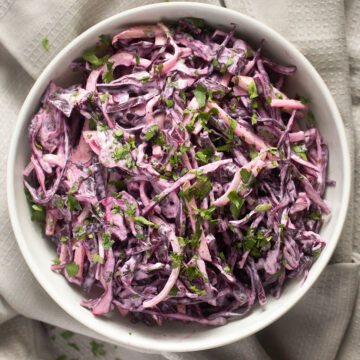 purple cabbage slaw in a large bowl.