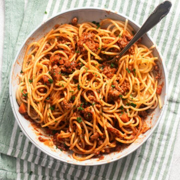 spaghetti with ground turkey tangled in a bowl, a fork sticking in it.