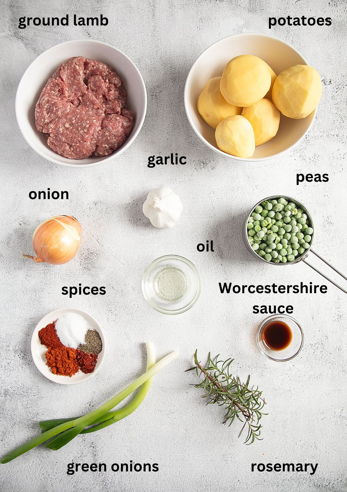labeled ingredients for lamb with potatoes, peas, green onion, and rosemary.