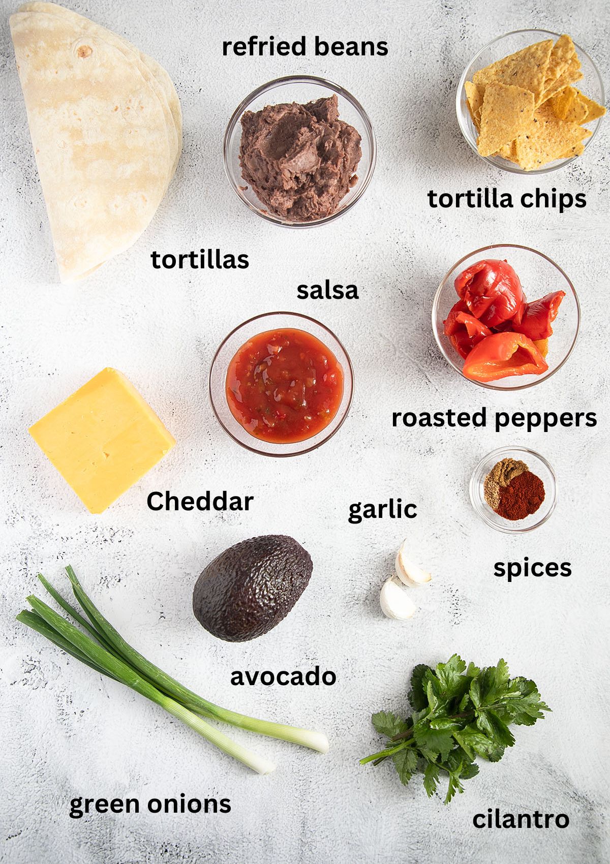 listed ingredients for making quesadillas with refried beans, cheddar, salsa and avocado.