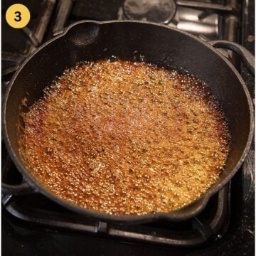 making caramel in a small cast iron skillet on the stovetop.