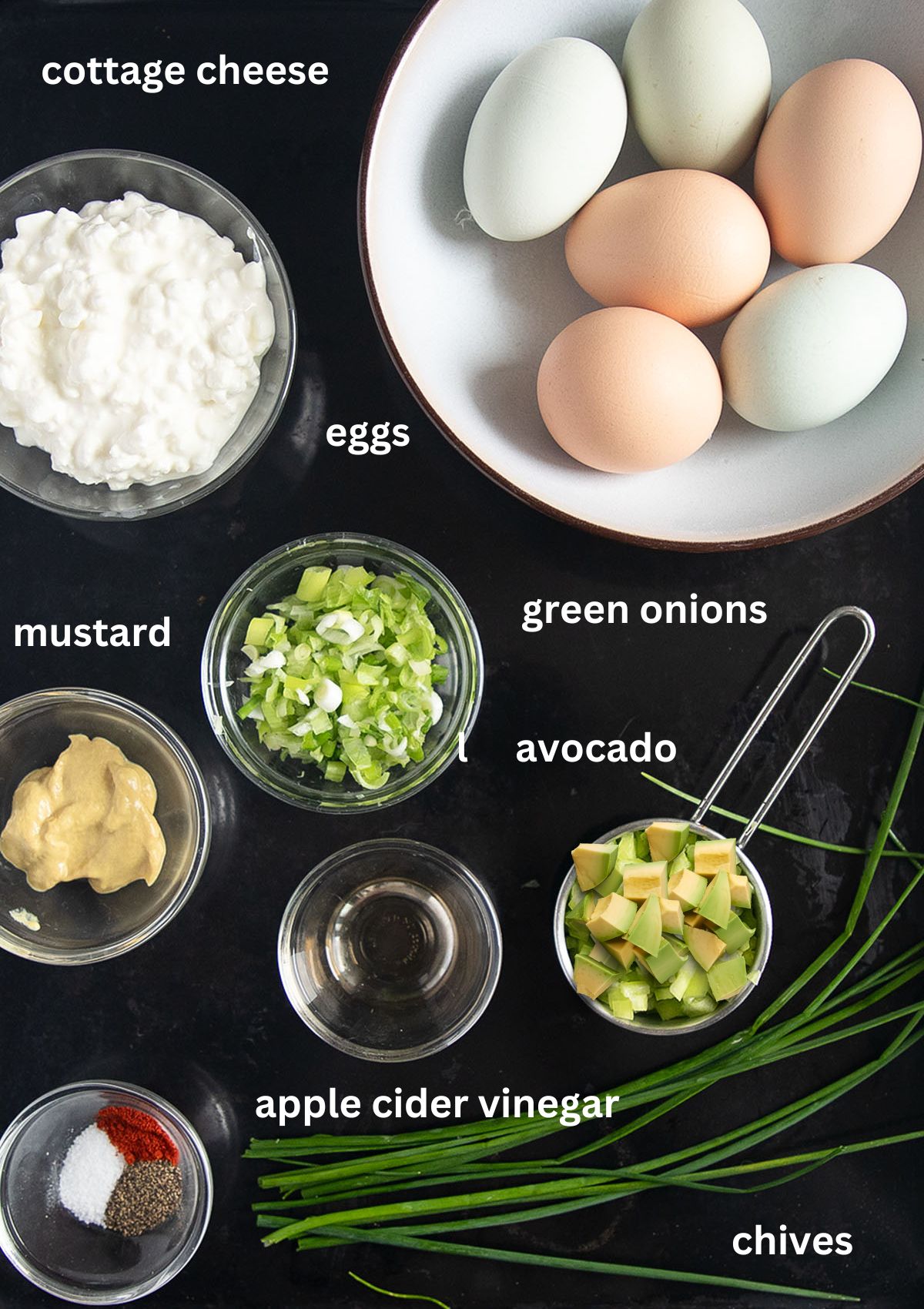 labeled ingredients for egg salad with cottage cheese, green onions, and avocado.