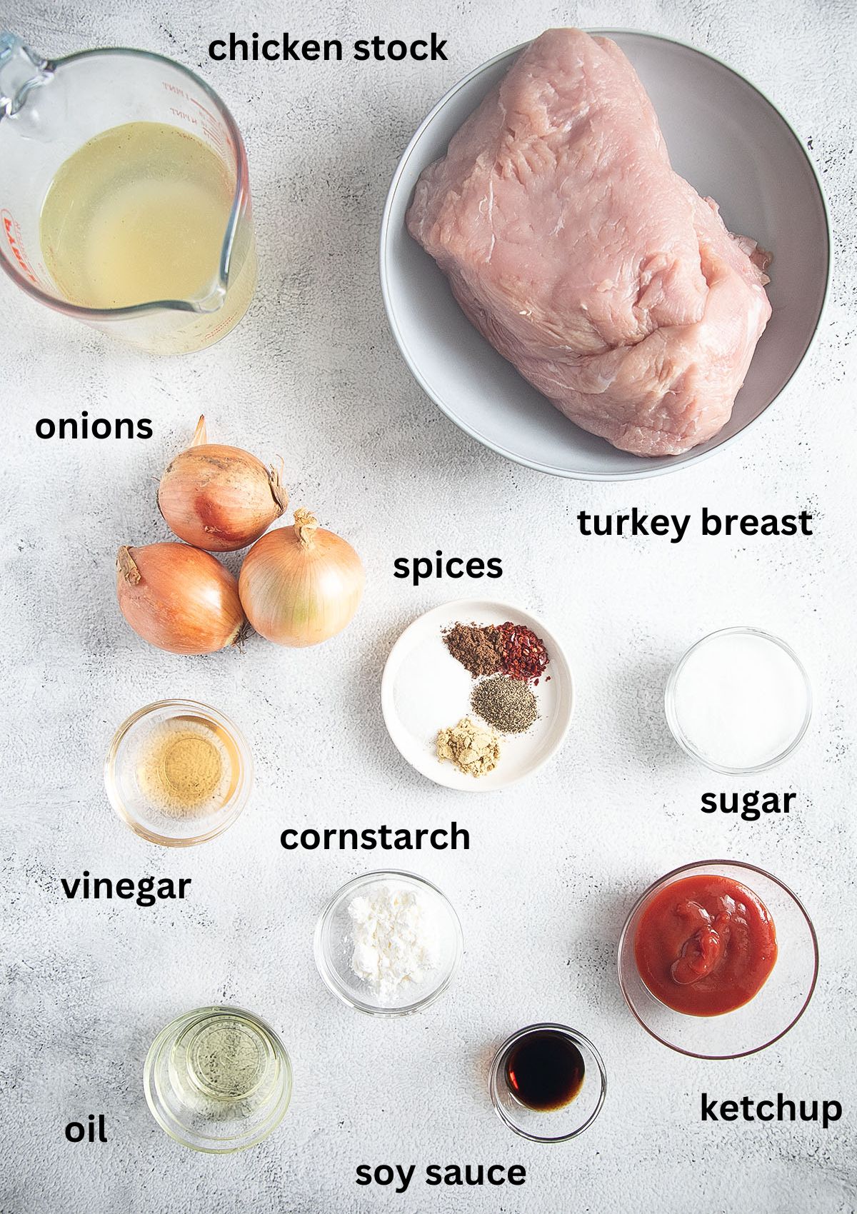 labeled ingredients for making turkey breast with sauce.