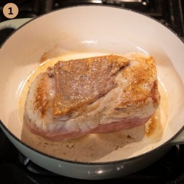 searing turkey breast in a pot until golden.