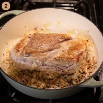 seared turkey breast and chopped onions in a pot.