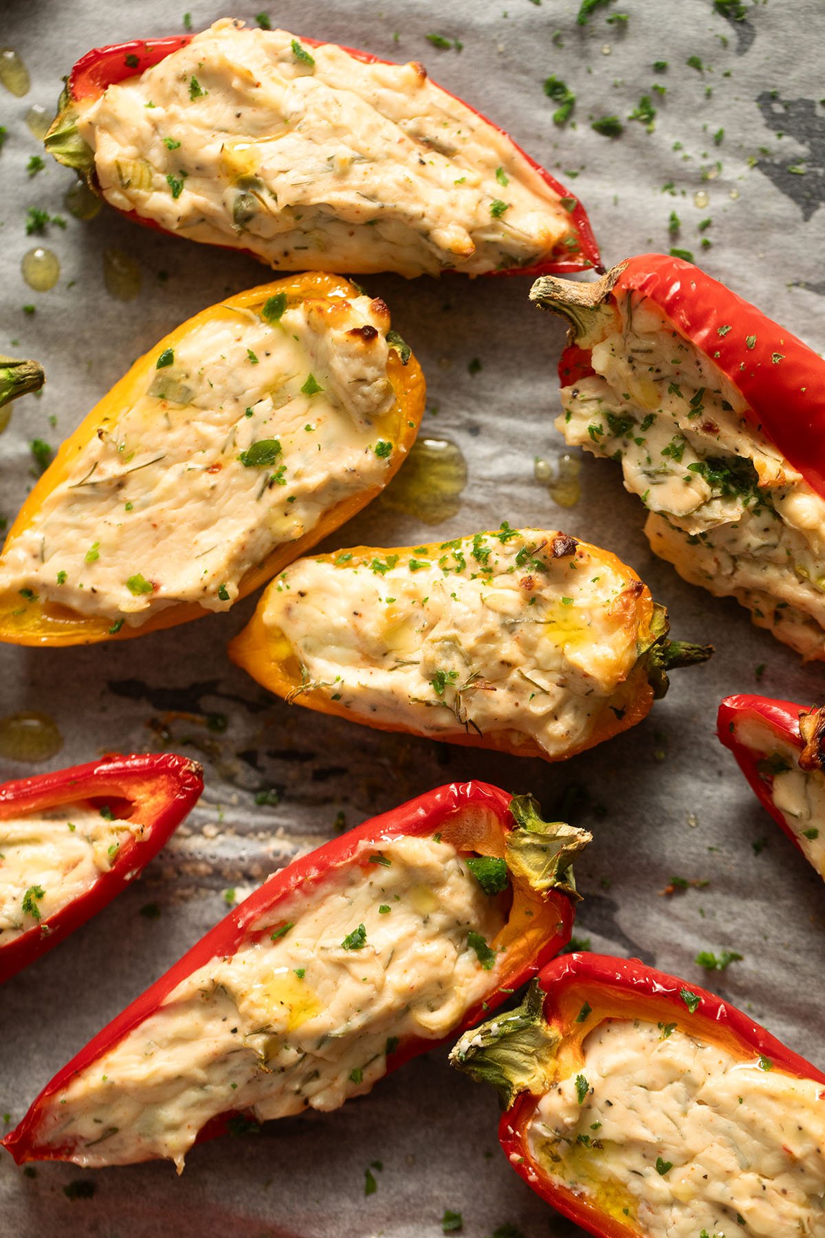 baked mini pepper halves stuffed with cream cheese and feta.