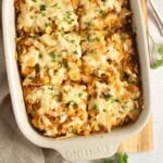 golden cabbage and potato bake in a baking dish.