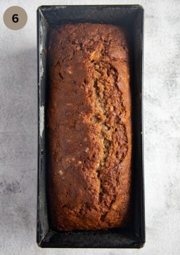 baked banana bread in a baking pan.