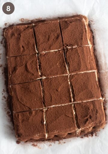 brownie with mascarpone and cocoa topping cut into small squares.