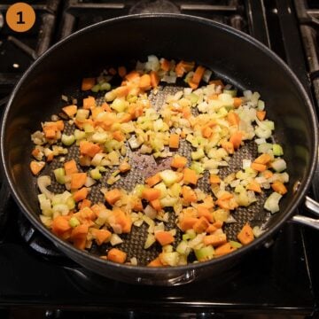 sauteing onions, carrots and celery in a large saucepan.