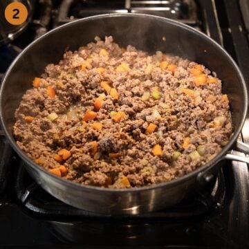 browning ground beef for cottage pie in a large saucepan.
