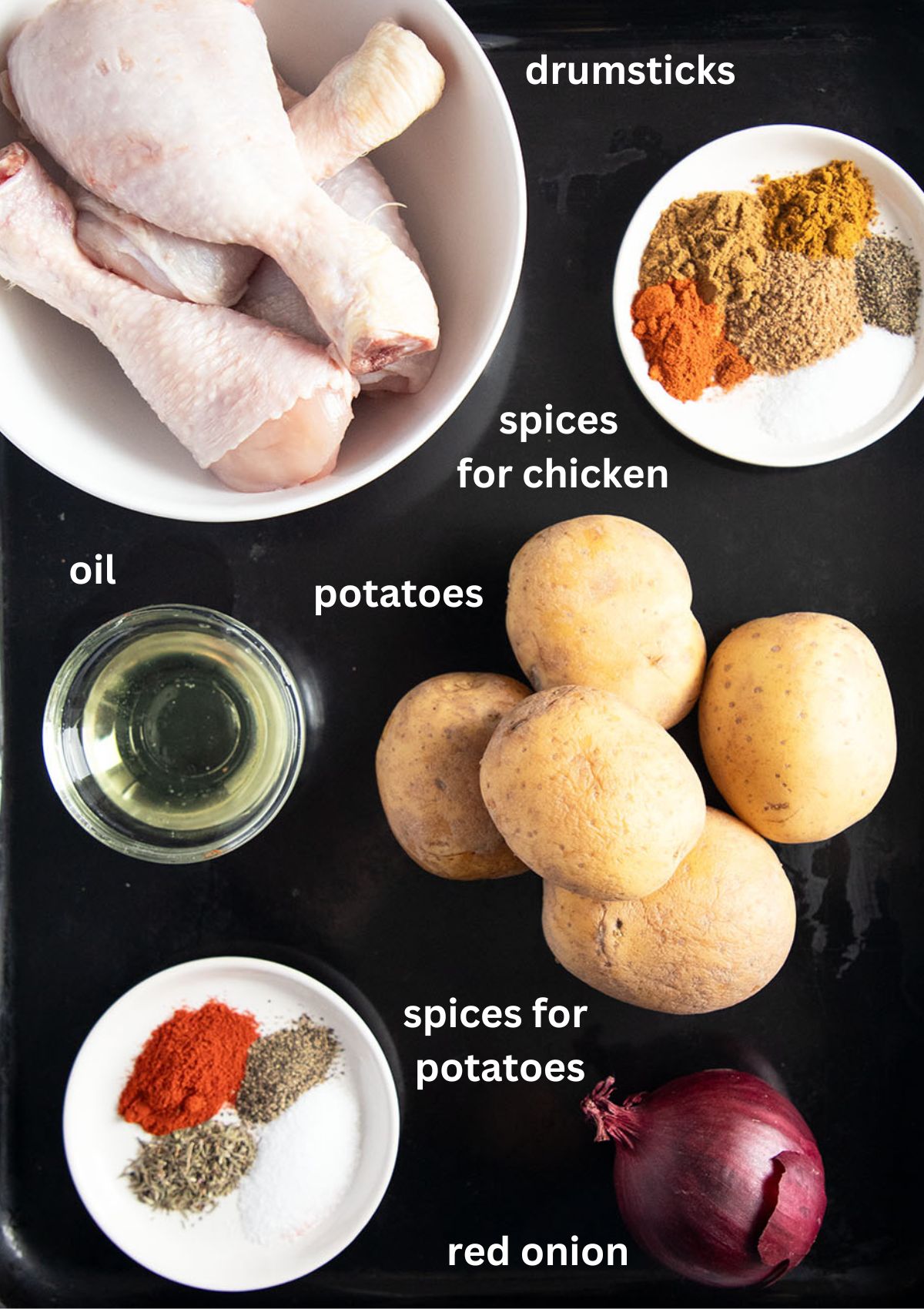 labeled ingredients for making baked drumstick with potatoes, onions and spcies.