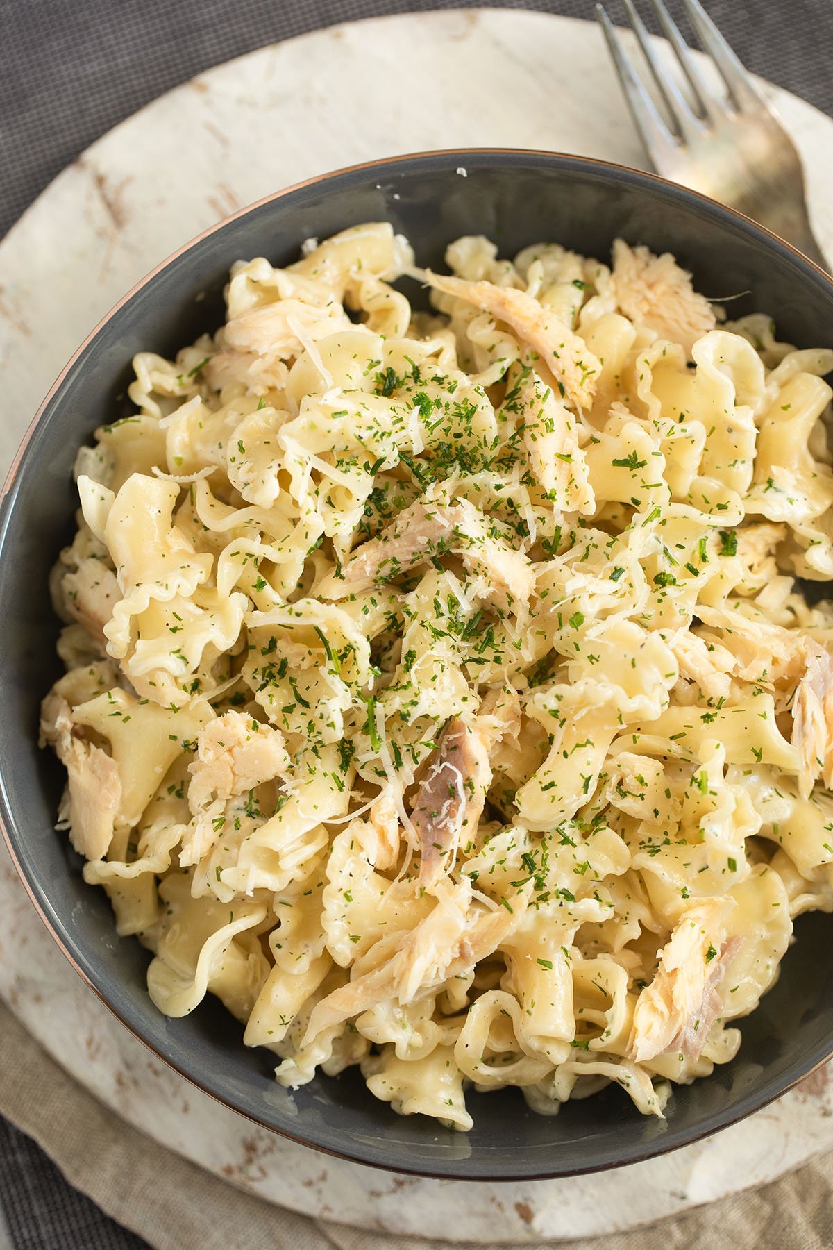 smoked trout pasta with dill in a large bowl.