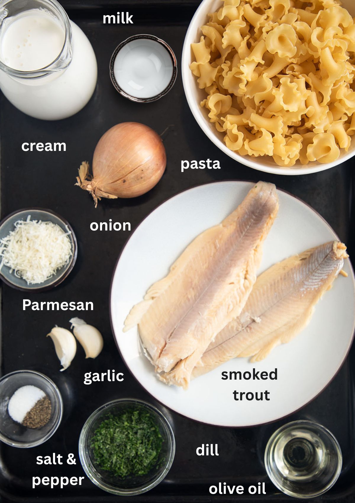 labeled ingredients for making pasta with smoked trout and cream sauce.