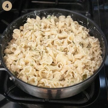 wide pasta with smoked trout and cream sauce in a saucepan.