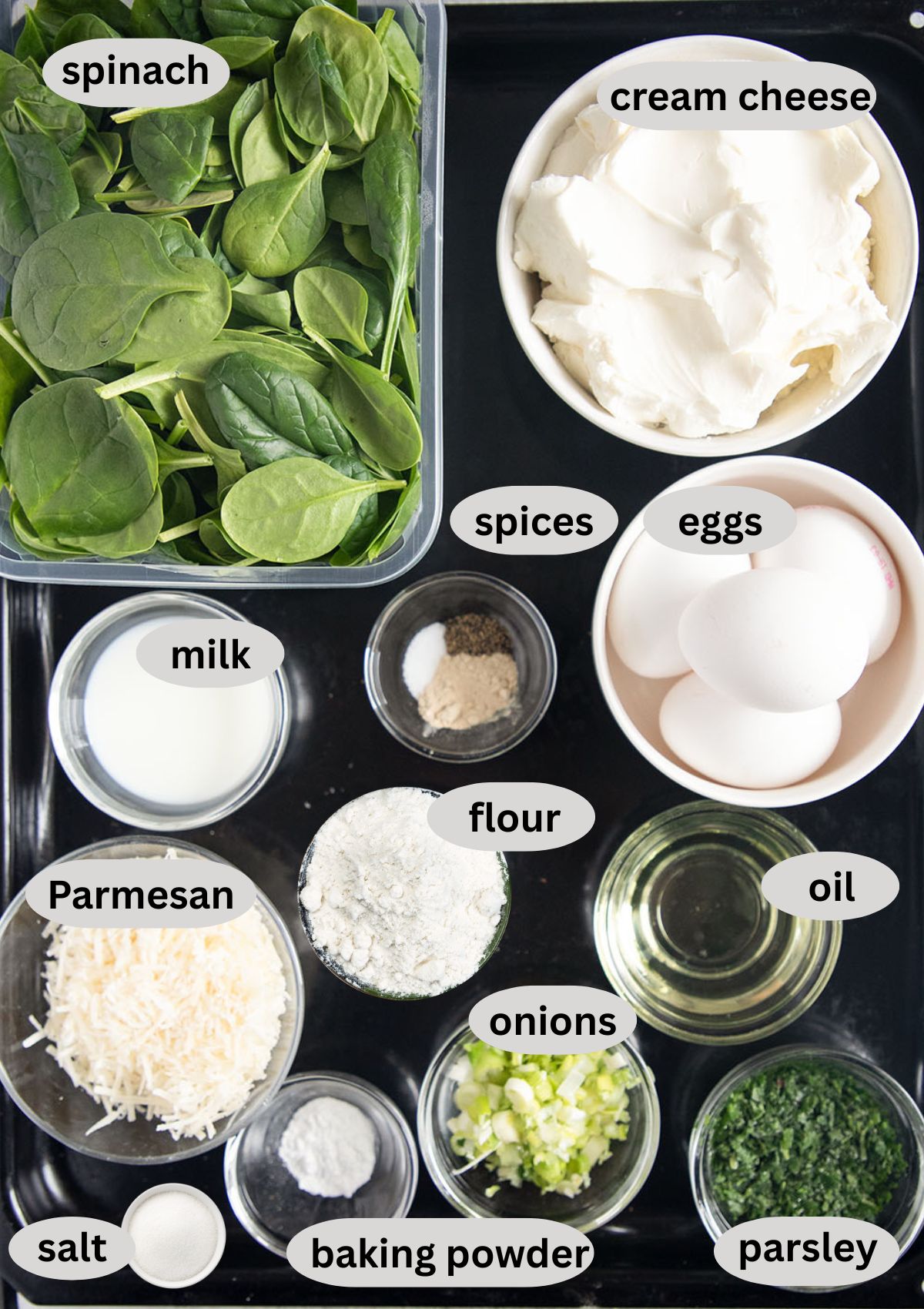 labeled ingredients for making spinach roulade with baby spinach, cream cheese, and parmesan.