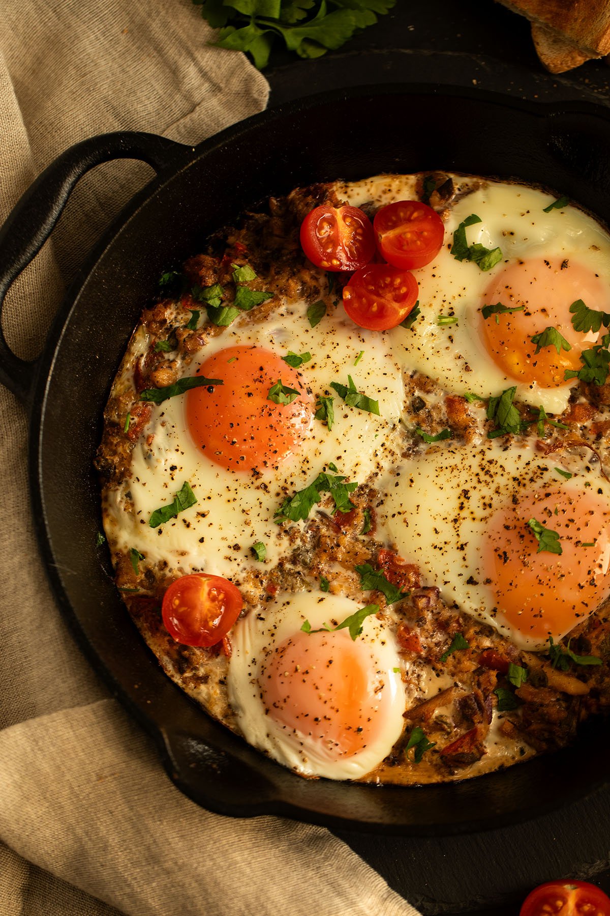 sardines and eggs in a cast iron skillet.
