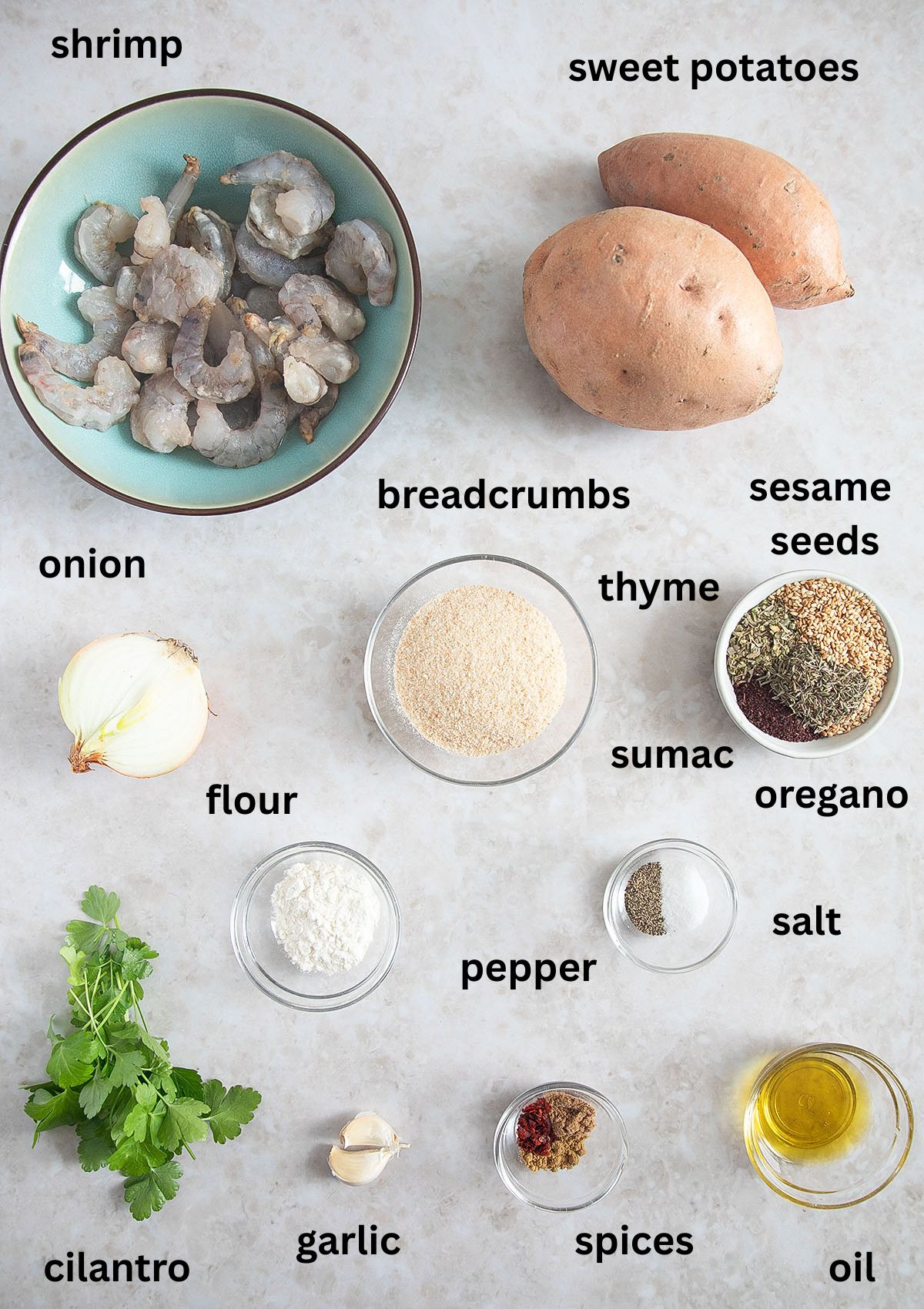 labeled ingredients for making cakes with shrimp and sweet potatoes.