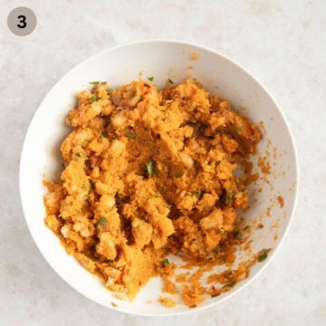 mashed sweet potatoes mixed with shrimp and onion to make cakes.