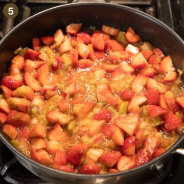 cooking strawberry rhubarb compote on the stovetop.