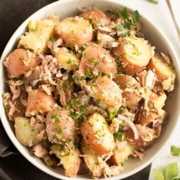 tuna and potato salad in a bowl.
