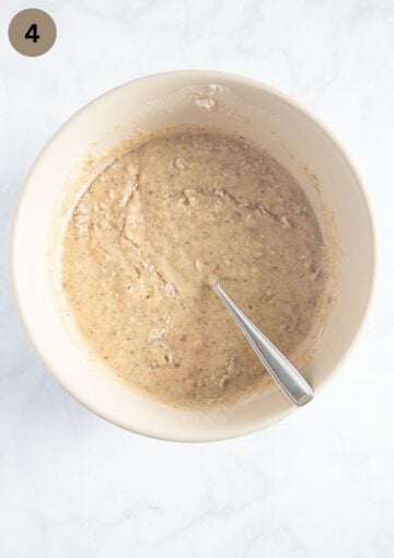 mixing the batter for muffins with a spoon.