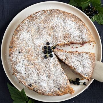 black currant cake sprinkled with confectioner's sugar and garnished with fresh berries.