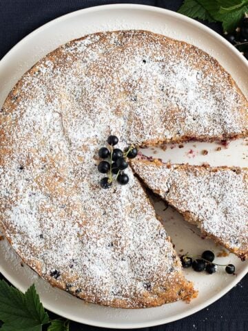 black currant cake sprinkled with confectioner's sugar and garnished with fresh berries.