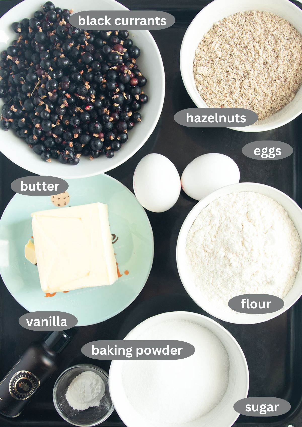 labeled ingredients for making black currant cake.