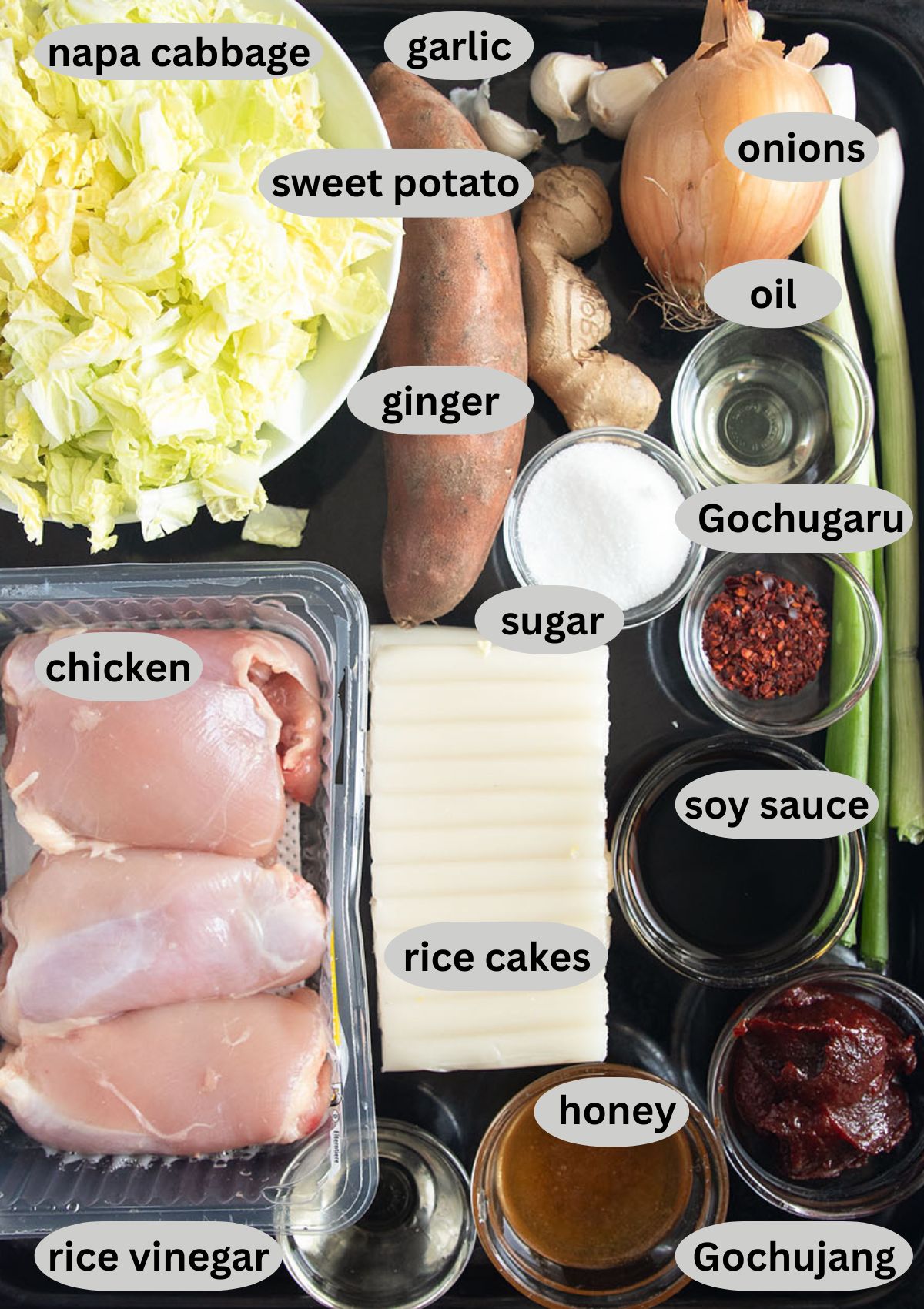 labeled ingredients for cooking chicken with rice cakes, napa cabbage, sweet potato, and sauce.