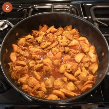 simmering chicken and sweet potato slices in a large saucepan.