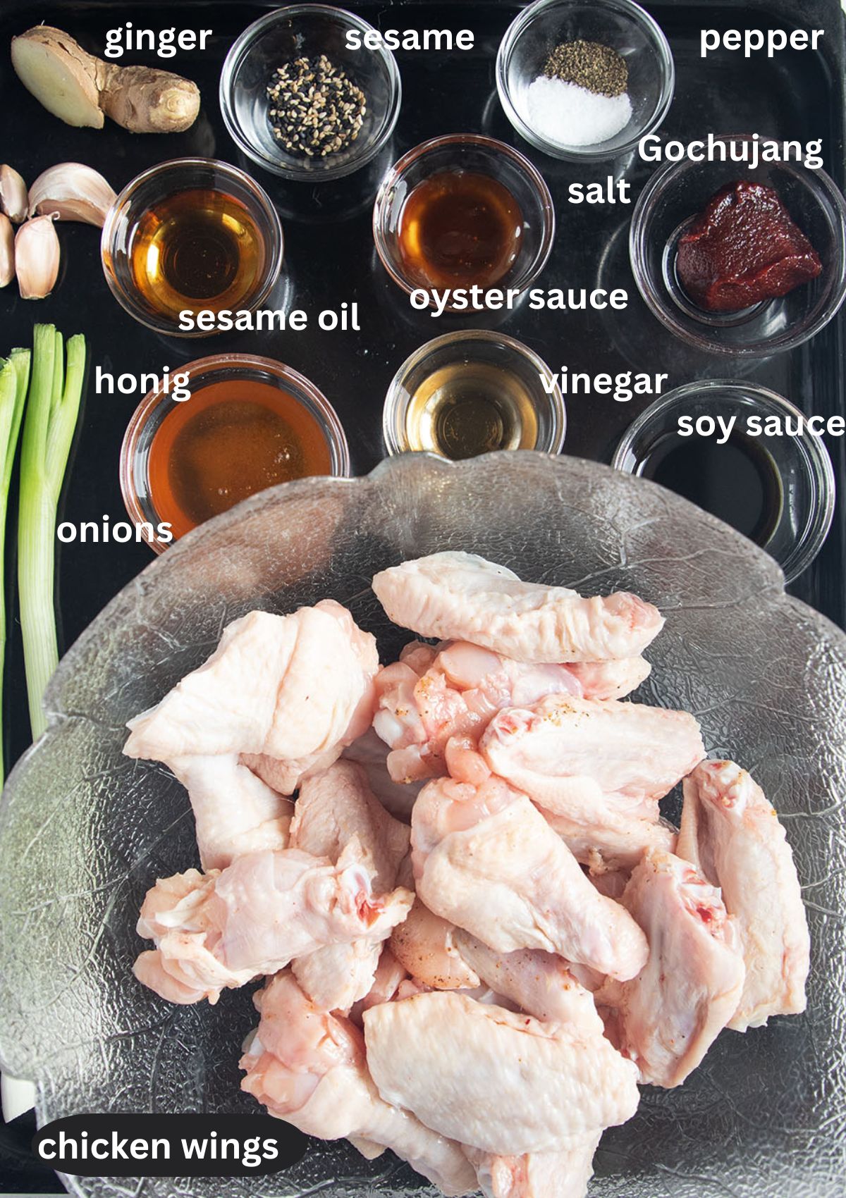 labeled ingredients for making wings with gochujang marinade.