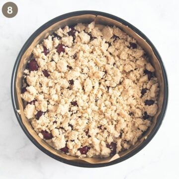 unbaked cherry cake topped with streusel in a springform.