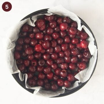 fresh pitted cherries in a lined springform cake before adding the batter.