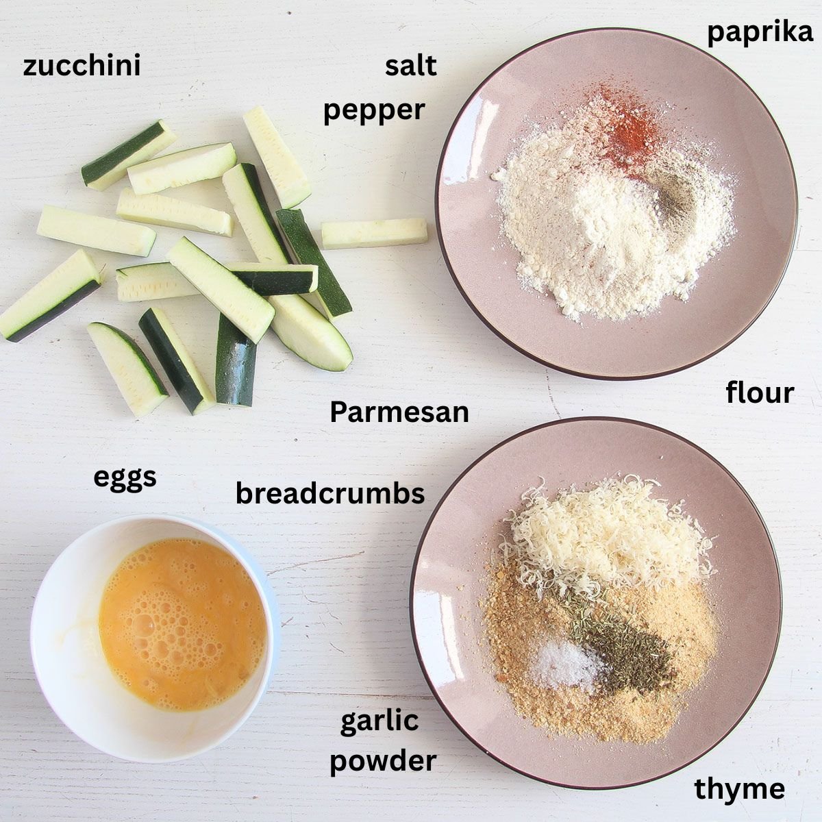 listed ingredients for making breaded zucchini fries in the air fryer.
