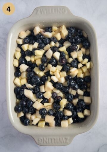 Chopped apples and blueberries mixed with sugar and lemon juice in a buttered baking dish for apple and blueberry crumble.