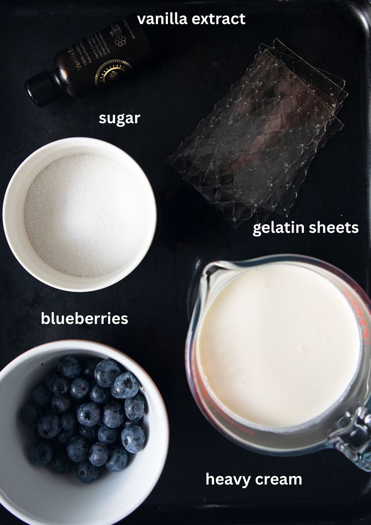 labeled ingredients for making panna cotta with blueberries, heavy cream, sugar, vanilla extract and gelatin sheets.