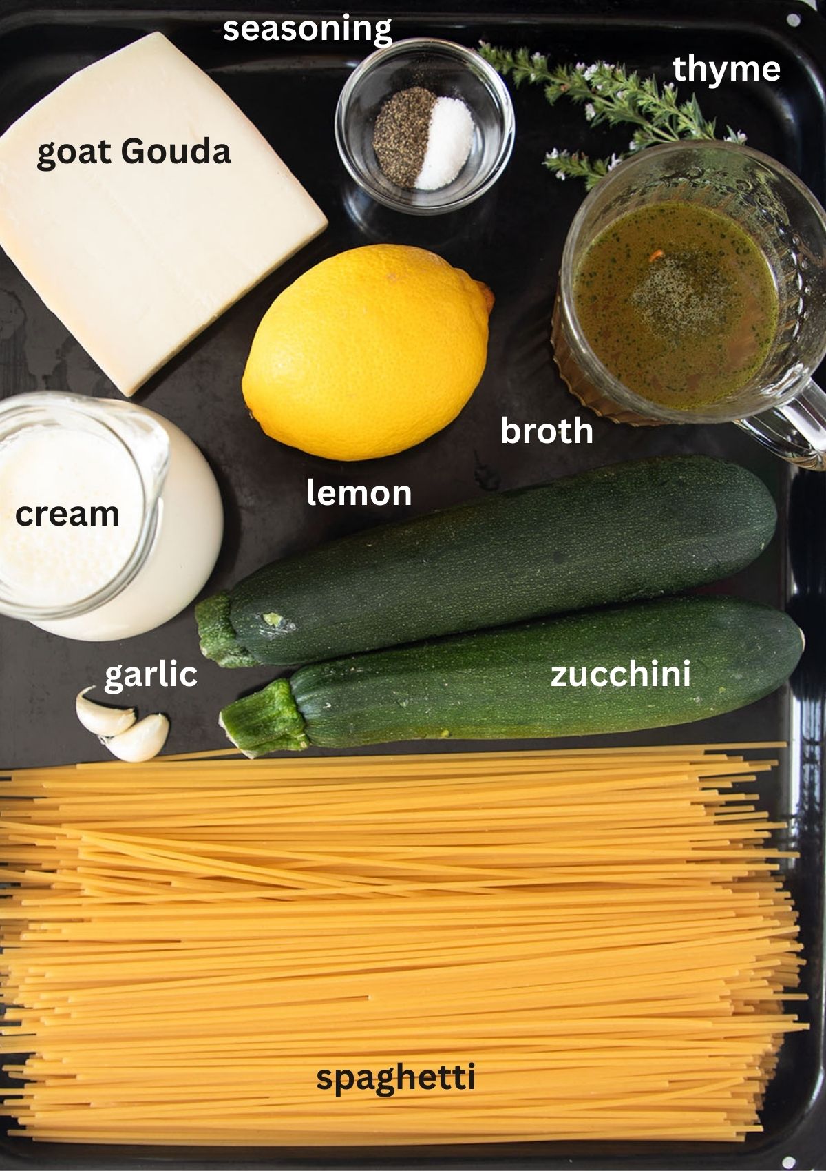 labeled ingredients for making spaghetti with zucchini, cream, lemon and goat gouda.