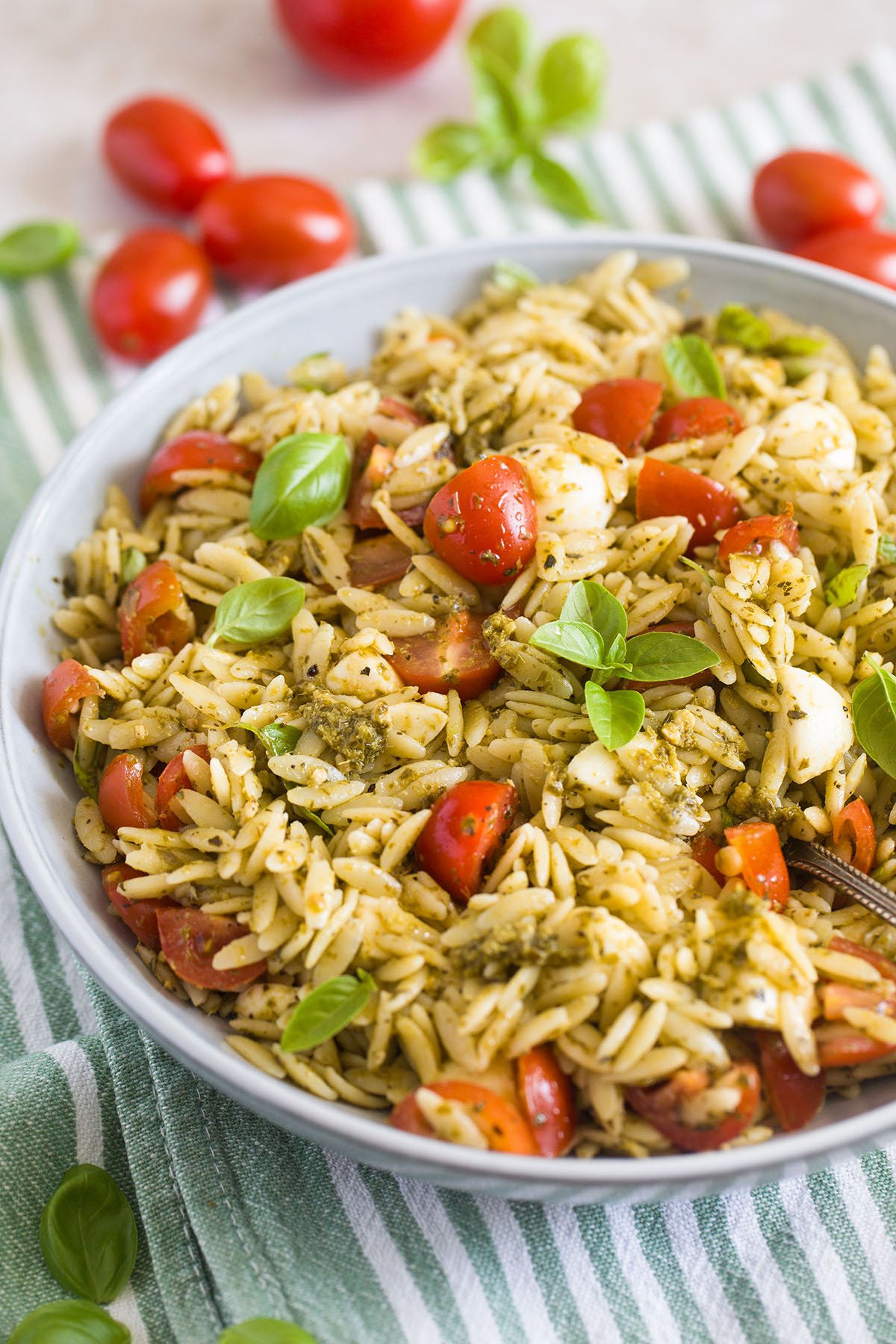 bowl with pasta salad with orzo, tomatoes, mozzarella and basil.