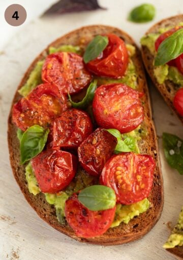 toast with cherry tomatoes, basil and avocado.